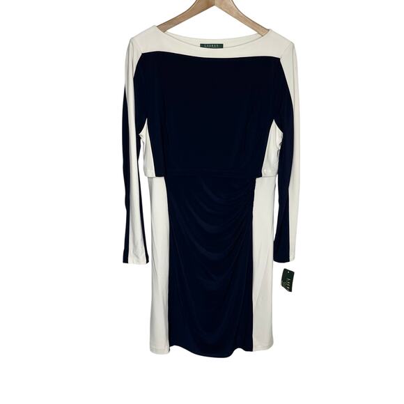 Lauren Ralph Lauren Womens Sheath Dress 14P Navy Cream Color Block Layered - Picture 2 of 15